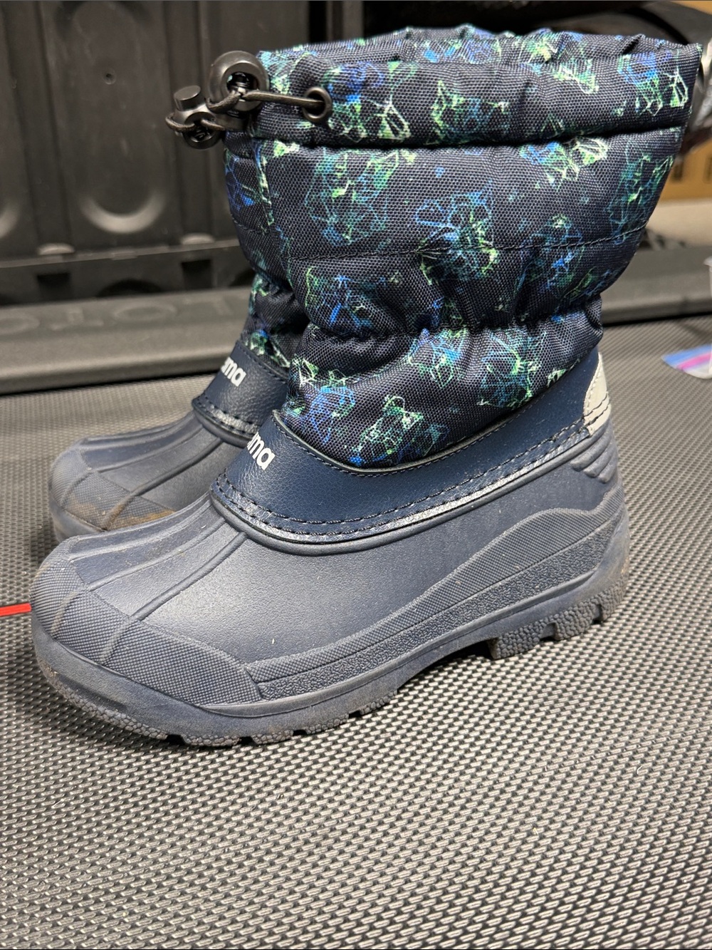 Kamik Navy Kids Snow Boots with Blue-Green Patterned Shaft